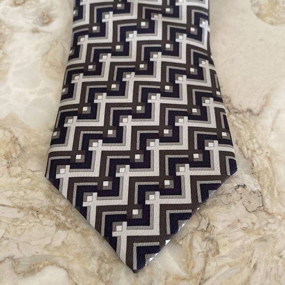 Hermes 100% Silk Geometric Pattern Blue/Grey/Brown - Picture 5 of 9